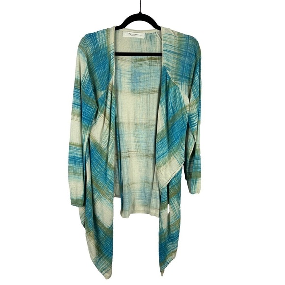 Anthropologie Sparrow Revolution Plaid Asymmetrical Draped Cardigan Medium Blue - Picture 1 of 15